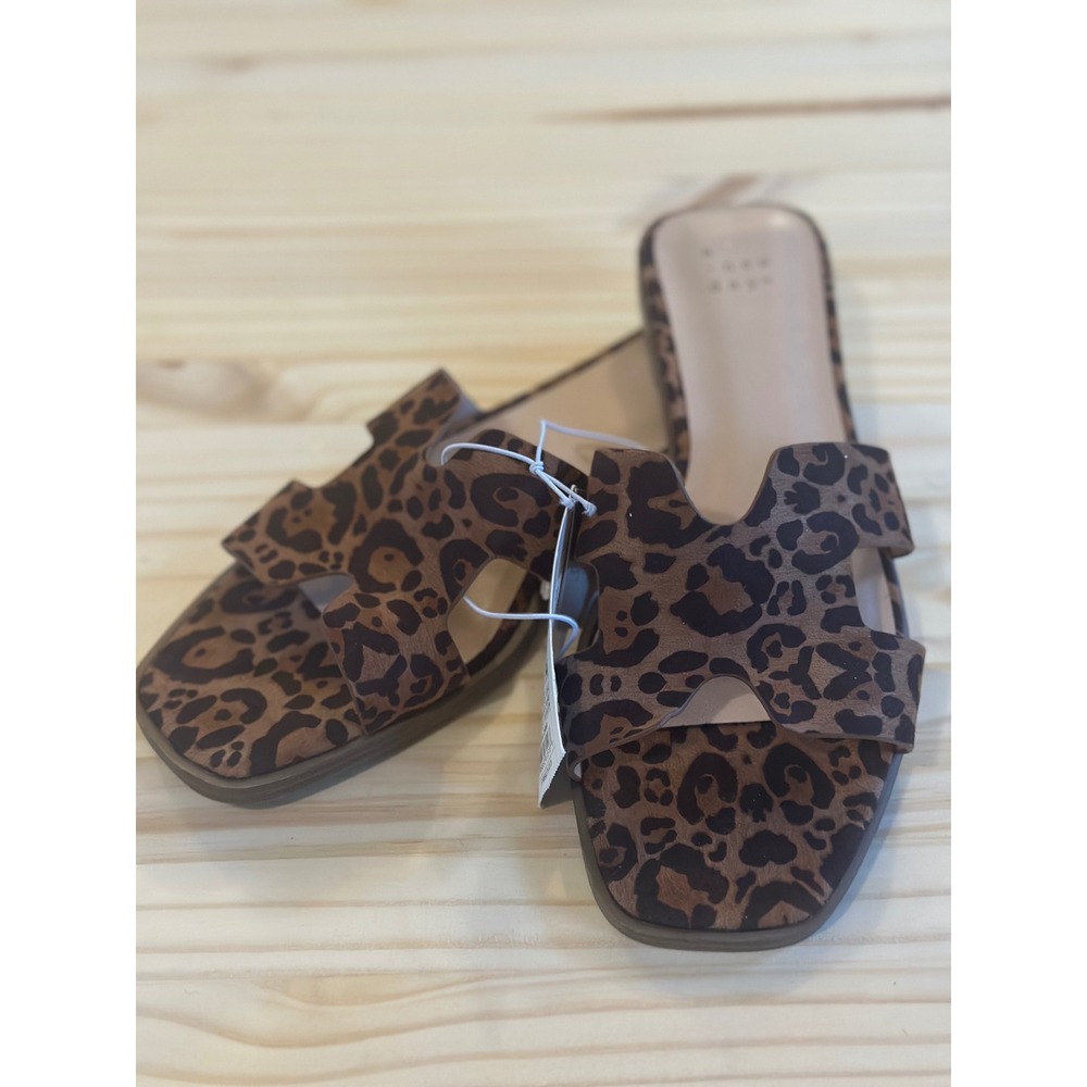 A New Day Womens Leopard Print H-Band Slide Sandals Brown Animal Print Size 7.5